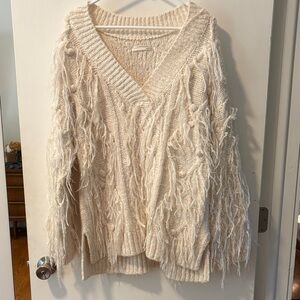 Anthropologie Cream Textured V-Neck Sweater